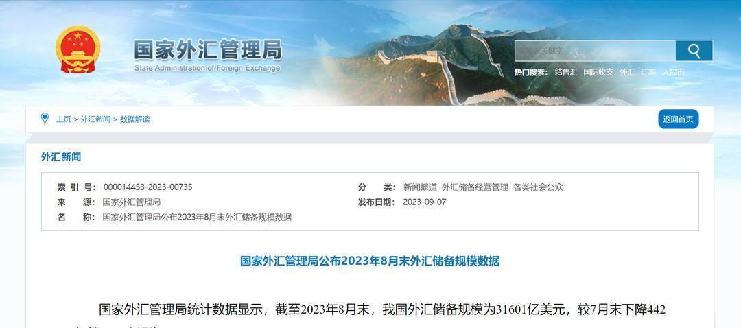 国家外汇管理局：截至8月末 <strong></p>
<p>美元欧元外汇</strong>我国外汇储备规模为31601亿美元