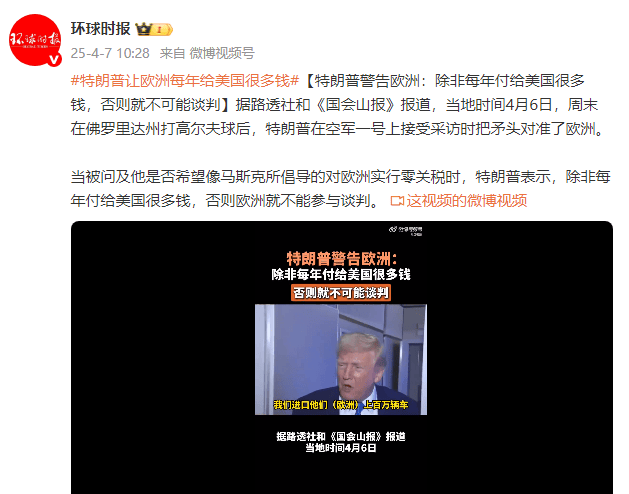 特朗普警告欧洲：除非每年付给美国很多钱<strong></p>
<p>美国外汇</strong>，否则就不可能谈判